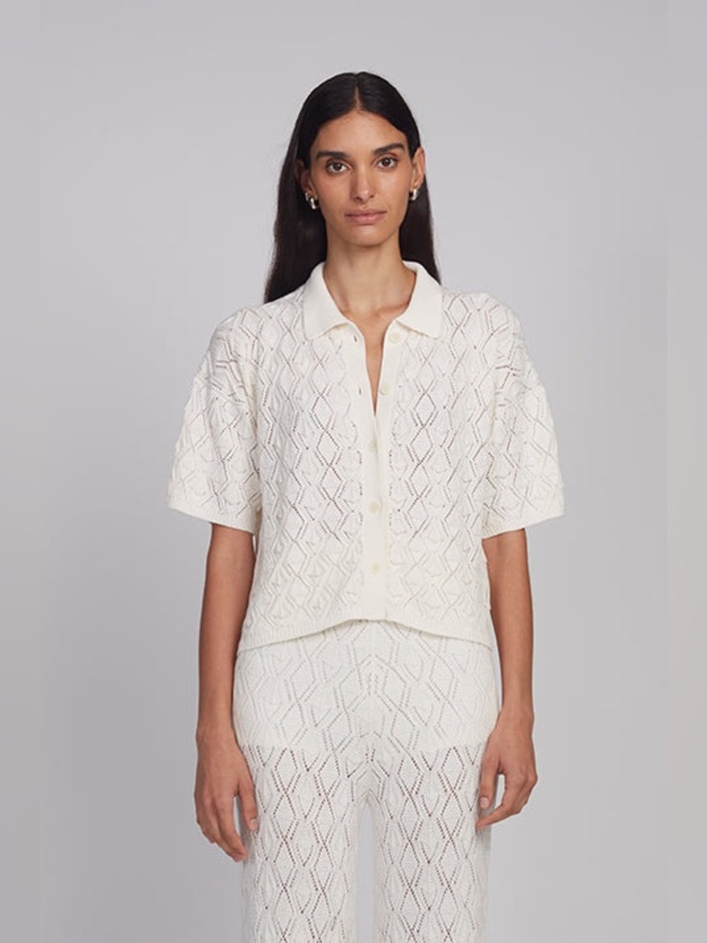 Eleven Six Gia Ivory Pointelle Cable Knit Polo Cardigan Top XS/S